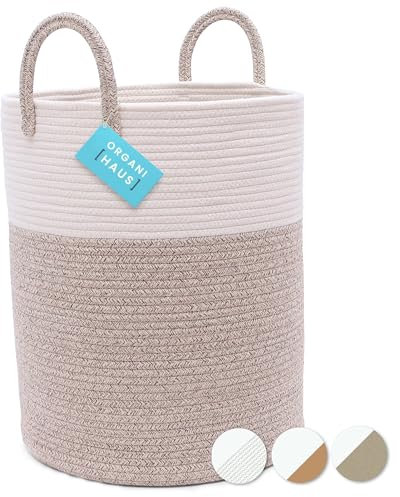 OrganiHaus Laundry Hamper, Cotton Rope Basket, Large Baby Laundry Basket, Toy Basket with Handles, Blanket Basket, Woven Basket for Storage, Washing Basket, Brown Storage Basket 38x45cm