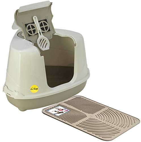 CAT CENTRE Grey Large Hooded Corner Cat Litter Tray + Grey Toilet Box Mat in 3 Colours