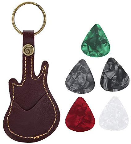 Bnineteenteam Gitarren-Plektrum-Halter Gitarre Picks Tasche aus PU-Leder mit Schlüsselanhänger 5 bunten Plektren für Gitarristen(Braun) Musikinstrumentenzubehör Zubehör Für Musikinstrumente