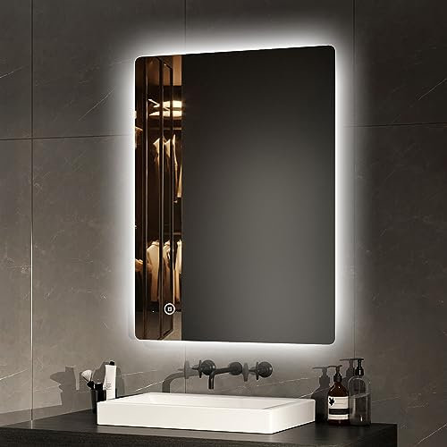 EMKE Badspiegel mit Beleuchtung 80x60cm mit Touch, Antibeschlag, Einstellbare Helligkeit, Speicherfunktion, Kaltweiß 6500K Badezimmerspiegel energiesparend Spiegel mit Beleuchtung