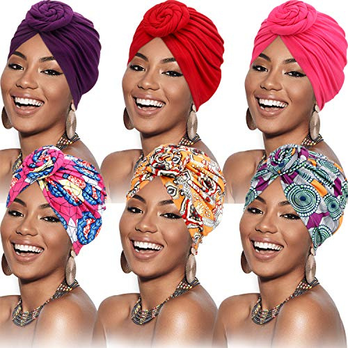 SATINIOR 6 Stück Turban für Damen Afrikanisch Turban Blume Knoten Vor-Gebunden Kappe Mütze Kopfbedeckung