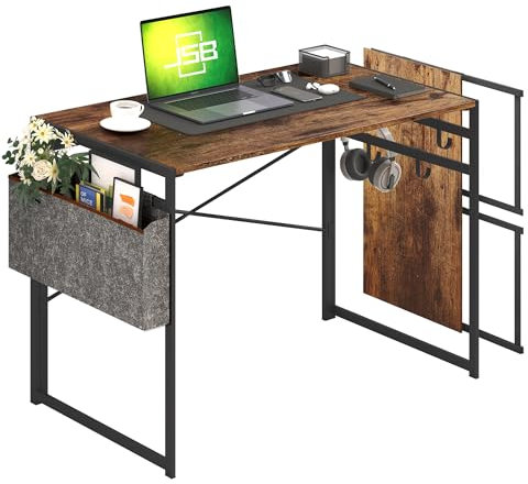 JSB 39.37 Folding Computer Desk with Storage Bag and Hook, Writing Desk Modern Industrial Work Table Laptop Desk for Home Office (39.37” x 19.69” x 29.53”, Rustic Brown)
