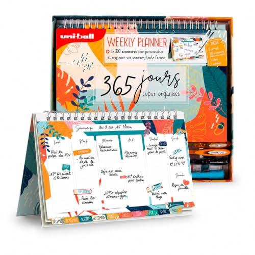 UNIBALL, Weekly Planner - Agenda Hebdomadaire et Annuel non daté | Uni Mitsubishi Pencil - Carnet spiralé 60 Pages, 3 Rollers encre gel SIGNO & Surligneur PROMARK EYE - Plus de 300 accessoires