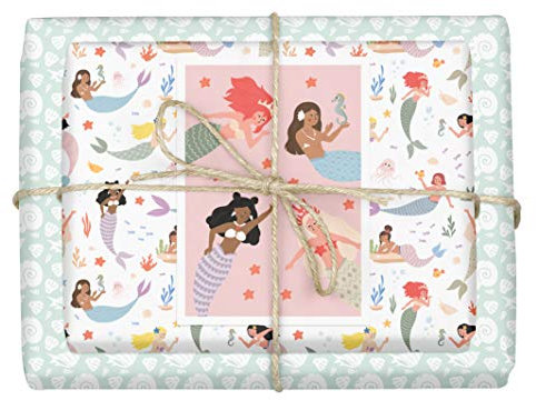 dabelino® Geschenkpapier Meerjungfrauen/Muscheln für Kinder/Mädchen, Set: 4x Bögen + 1x Karte (Öko, Recycling-Papier, Geburtstag, rosa, pastell, Diversität)
