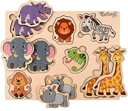 PikatoyZ® Steckspiel ab 1 Jahr, 2 und 3 Jahre – Montessori Holzpuzzle für Jungen und Mädchen Kinder – Holzspielzeug mit Dschungeltieren