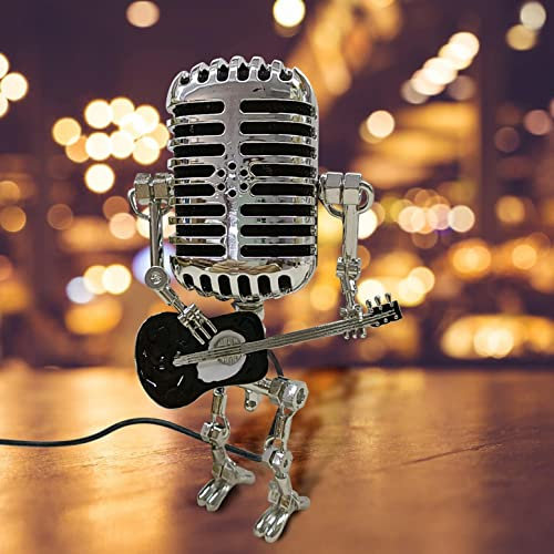Vintage Metal Microphone Robot Desk Lamp - Great Christmas Stocking Stuffers Gift, Cool Microphone Guitar Robot Lamp, Mini Night Light Table Lamp for Bedroom Desk Home Decor (Black)