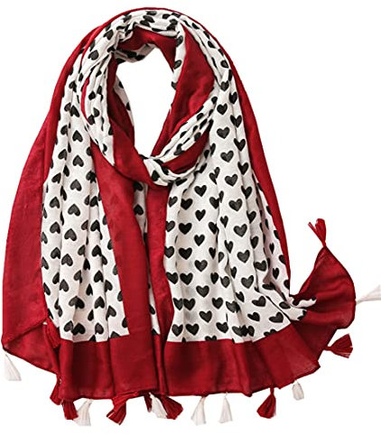 FAIRYGATE Schals & Tücher für Damen Roter Schal mit Herzdruck Leicht und Weich Elegant Quaste groß Wickelschal mit Quaste Damenschals 2962