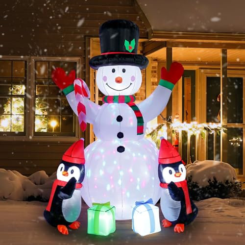 Lewondr Aufblasbare Weihnachtsdeko Aussen, 180cm Weihnachten Aufblasbarer Schneemann Beleuchtet Aussen, wasserdichte Pinguine Weihnachtsdeko mit Eingebauten LEDs für Garten Party Innen Außen, Weiß