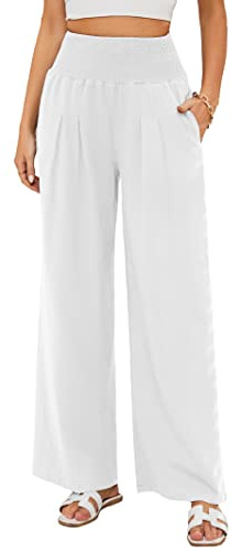 Famulily Womens Solid Color Summer Pants Ladies Loose Fit Casual Linen Wide Leg Pants with Pockets S-2XL