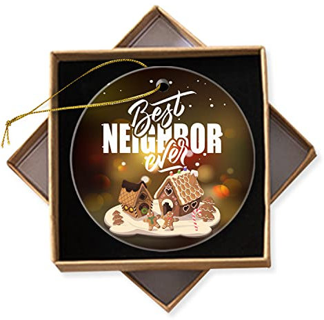 Weihnachtsschmuck, Geschenk für Nachbarn, Andenken, Weihnachtsschmuck, 2022, Weihnachtsbaumschmuck, Keramik, rund, Ornament mit Geschenkbox, 7,5 cm (Best Neighbor Ever)