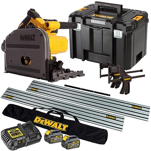 Dewalt DCS520T2 54V Flexvolt 165mm Plunge Saw with 2 x 6.0Ah Battery Charger & Case + 2 x Guide Rail in Bag & 2 x Clamp