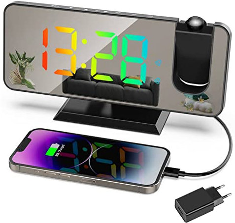 Exmate Projektionswecker, Digital Wecker mit Projektion, USB-Ladeanschluss, 7.5'' Dynamischer RGB-Spiegelbildschirm, Snooze Dual-Alarm, Einstellbare Helligkeit (Schwarz mit Adapter)