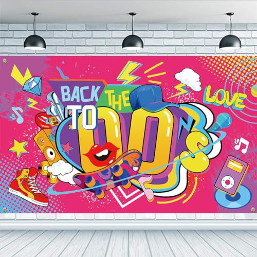 FINGERINSPIRE Back to The 00'S Party Banner Dekoration 185x100cm Early 2000s Thema Hintergrund Skateboard Musik Audio Mikrofon Banner Stoff Wand Tischdekoration Fotoshooting Studio Requisiten