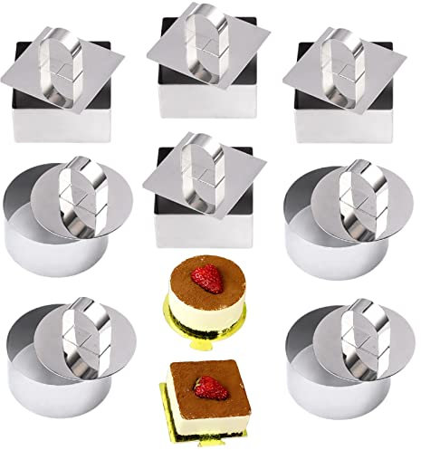 HsentimenH Dessertringe 8 Stück Servierringe Edelstahl Set(4 Runde und 4 Quadratische, Mousse Ringe 8cm Kleine Tortenring mit Pusher für Mousse Kuchen, Desserts, Gebäck, Backwaren