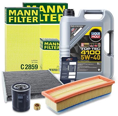 MANN-FILTER Filterset 1x Ölfilter, 1x Luftfilter, 1x Innenraumfilter (Aktivkohlefilter), 1x Motoröl 5W-40 5 l, Kompatibel mit FIAT 500 (312_), PANDA, FORD KA (RU8), LANCIA YPSILON