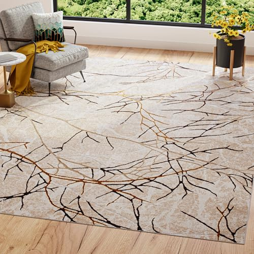 TAPISO Golden Teppich Wohnzimmer Kurzflor Schlafzimmer Luxuriös Beige Weiß Gold Linien Abstrakt Meliert Verwischt Modern Design ÖKOTEX 160 x 230 cm