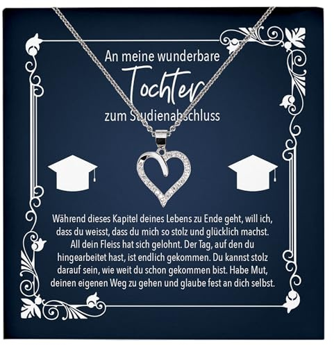 22Feels Tochter Uni Abschluss Geschenk Frauen, Master Bachelor Absolventin Schmuck Set, PhD Hochschule - Echt Silber 925 Herz Halskette mit Karte