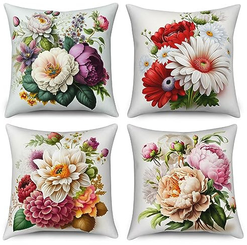 ASDCXZ Kissenbezug Retro Blumen 40x40 cm 4er Set, Retro Blume Blätter Sofa Kissen Dekokissen Kissenbezüge Kissenhülle Waschbar Polyester Flachs Textil Outdoor Polster Kopfkissenbezug Kissen Bezug