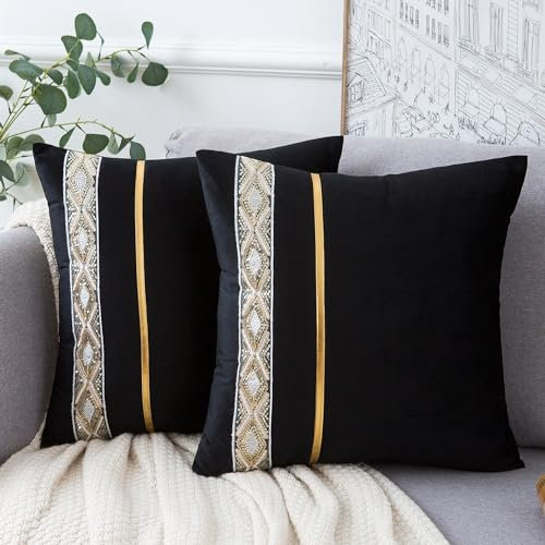 Velvhom Samt Kissenbezug Modern Luxuriös 45 x 45 cm Nähte aus Goldenem Leder Pailletten Dekorativ Dekokissen Sofakissen Kissenhülle 2 Stück Weich Schwarzer Kissenbezüge für Wohnzimmer Couch Bett