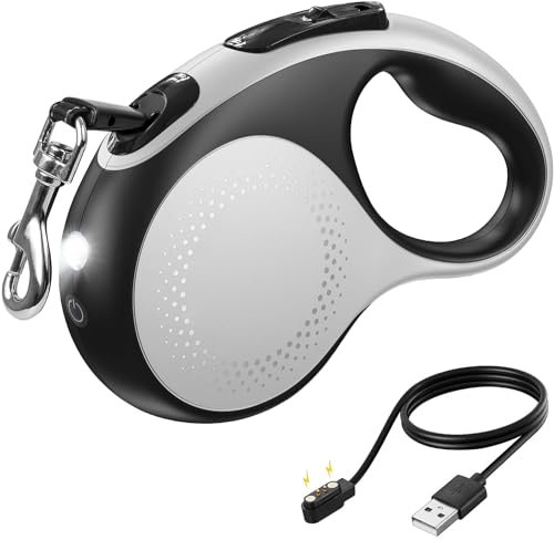 Hurluksi Extendable Dog Lead with LED Light, 5M/16.4ft Retractable Dog Leash Heavy Duty Extension Dog Lead with Anti-Slip Handle and Quick Brake Button for Large Dogs Up to to 110lbs/50kg