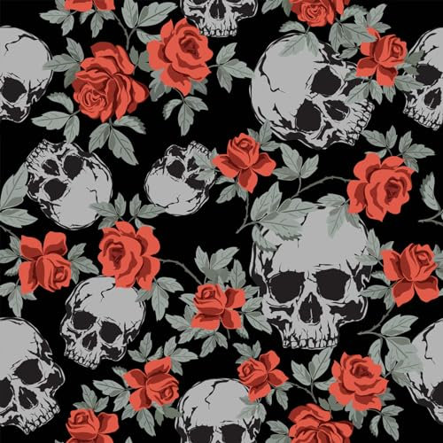 VaryStyle 17.7x118 Skull Peel and Stick Wallpaper Black/Grey/Red Gothic Skulls Roses Floral Wallpaper Removable Skulls Wall Paper Halloween Gothic Contact Paper for Bedroom Cabinets Walls Shelves