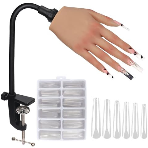 Adonafy Übungshand für Nageldesign - Flexibel Übungshände aus Silikon und 240 Stück 3XL Nagelspitzen - Professionelle Übungshände für Fingernägel - Einstellbare Falsche Fingerhände - Natur