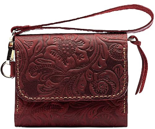 sayy Handgefertigtes Geldbörse Damen Klein Leder, Mini Portemonnaie, Slim Wallet for Women, Geldbeutel Handgelenkschlaufe und Reißverschluss mit Münzfach, Kartenhalter Portmonee (Rot)