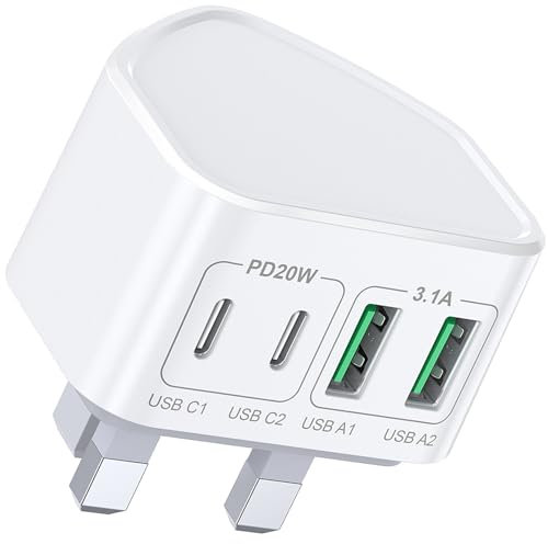 40W USB C Charger Block, 4-Port Fast Charger Plug for iPhone 15 14 13 12 11 Pro Max Plus X XS XR 8, SE 2020, iPad, AirPods, Apple Watch, Samsung, UK Dual Port PD Power Adapter