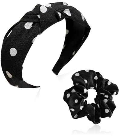 NYGGTYK 1 bandeau, 1 bandeau scrunchie, bandeau jupe, bandeau noir, bandeau à pois, bijou de cheveux pour femme, accessoires de jupe, bandeau à nœuds croisés, bandeau à pois pour femme