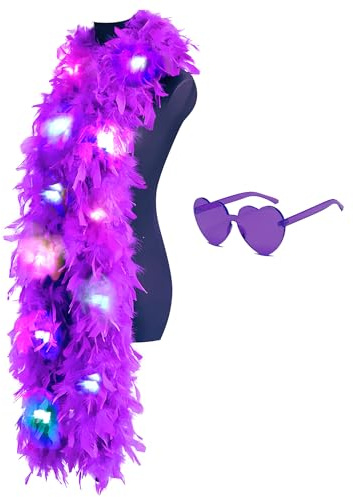 Colorful Feather Boas, 6.6ft Boa with 20 Color LED Lights for Women for Dancing Wedding Party Halloween, with Heart Sunglasses (Purple)