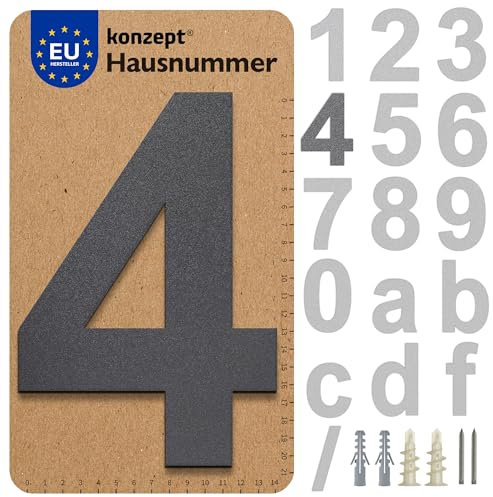 KONZEPT Hausnummer in Anthrazit, Nummer 4, für Tür, Gebäude, Zimmer, aus massiven Stahl, mit witterungsbeständiger Zink- und Pulverbeschichtung
