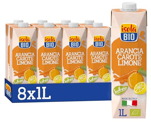 Isola Bio Succo di Frutta Biologico ACE, Arancia, Carota e Limone, 100% Ingredienti Naturali, Frutta Italiana per Colazione e Merenda, Formato 8x1L