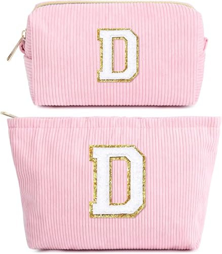 2 Stück Initialen Make-up-Tasche, Cord-Kosmetiktasche Organizer, Reise Kulturbeutel mit Reißverschluss, Tragbare Rosa Schminktasche Damen, Weihnachten Geburtstag Geschenk für Mädchen 6-18 Jahre, D
