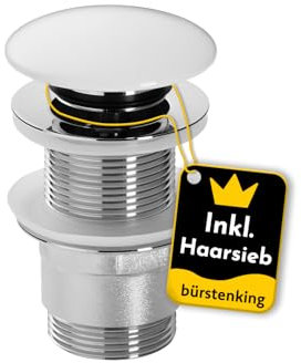 Bürstenking Ablaufgarnitur Waschbecken – Ablaufventil mit Haarsieb – für Waschbecken & Waschtisch – 1 1/4 Anschlussgewinde – Push-Open Funktion – ohne Überlauf – 6 cm – ø 66 mm – Chrom Weiß