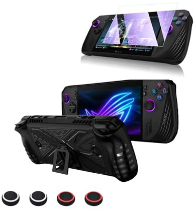 Kit de protection pour Asus ROG Ally X, coque en TPU avec support, 2 paires de coques de joystick, film de protection d'écran trempé, protection complète (noir)