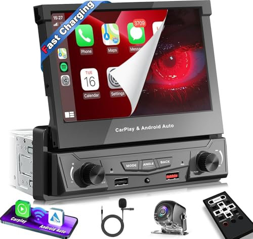 【SOOEMAKA】 Single Din Flip Out Touchscreen Car Stereo with Wireless Carplay&Android Auto,7 inch IPS Motorized Flip up Screen Upgrade Fast Charging/2.4G+5G Dual WiFi/AM/FM/DSP/AHD Camera (AD0001-7801)