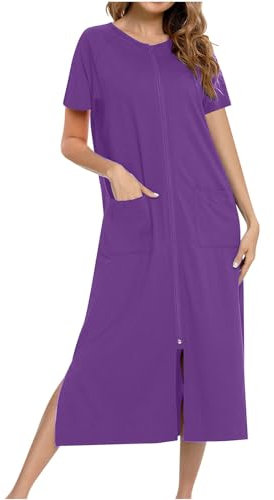 Women's Nightgown Short Sleeve Long Zipper Sleepwear Pockets Loose Fit Nightgowns Solid Sleepwear Ultra-Soft Nightshirt Zipper Pajamas Dress Lightweight Casual Loose Pyjamas Homewear Housecoats S-XXL