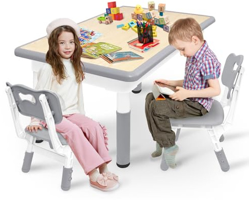 Kidsbuddy Kindertisch mit 2 Stühlen,Kindersitzgruppe Höhenverstellbar,Robust und Standfest,Plastik Kindermöbel,Kinder Tisch Stuhl Set,Kinder-Sitzgarnitur für Kinderzimmer Kindergärten,Grau,80 * 60cm