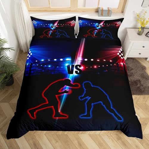 HATEGE 3D Ringen Bettwäsche 135x200 Teenager Kampfsport 3 Teilig Weiche Mikrofaser Bettwäsche Ringen Bettbezug Set und 2 Kissenbezug 80x80 cm mit Reißverschluss M251
