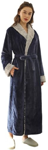 TDEOK Women's Bathrobe Fluffy Long Dressing Gown Long Warm Cosy House Coat Plush Bathrobe with Belt Soft Sauna Gown Cuddly Fleece Sleepwear Comfort Loungewear Kimono Dressing Gown, navy, M