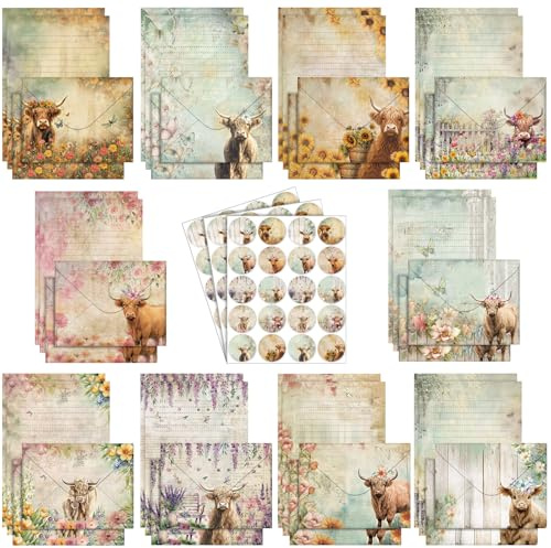 TaoBary 160 Pcs Stationery Paper Set 50 Double Sided Stationery Papers with 50 Matching Envelopes and 60 Round Dot Sticker, 10 Design(Floral Highland Cow,5.5 x 8.25 Inch)