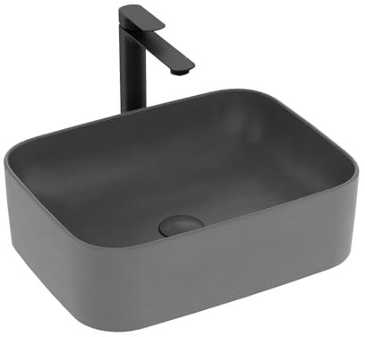 EMKE Lavabo de Cerámica, Rectangular 61 × 38 × 15 cm, Lavamanos para Aseos, Lavabo Cerámico para Cuartos de Baño,Gris Mate