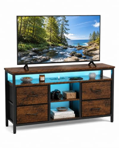 Amveya Kommode Sideboard LED Schlafzimmer Braun Schwarz 110×30×78cm | STECKDOSEN UND STAURAUM Zwei Steckdosen und zwei USB Anschlüsse mit Stromkabel sowie 4 Stoffschubladen für den Alltag