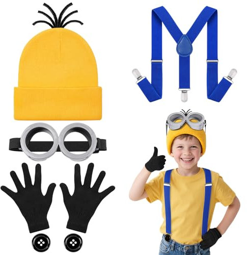 BSBUY Cosplay Kostüm 5Pcs Minion Cosplay mit Mütze Blaue Hosenträger schwarze Handschuhe Knöpfe Brille Minion Costume Set Männer Damen Film Kostüm Kinder Erwachsene Outfit für Halloween Karneval(Gelb)