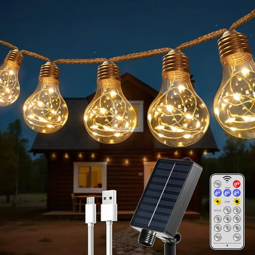 HeiPard A60 Solar Lichterkette Aussen 8.5M 16 LED Glühbirnen IP45 8 Modi | Warmweiß Wasserdicht USB Vintage Dekor Garten Balkon Terrasse
