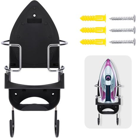 Kuanght Ironing Board Holder Wall Mount Electric Iron Hanger Rack with Coat Hook, Household Bathroom Iron Shelf Laundry Room Ironing Board Rack 13x 15.5x 36cm(Black)