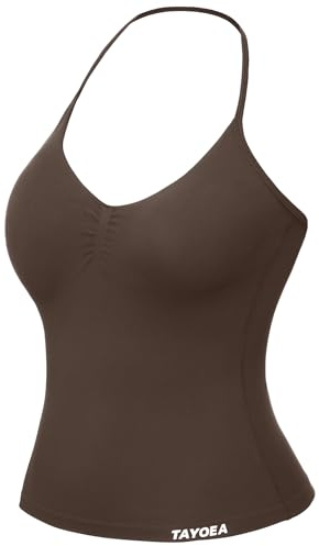 TAYOEA Tank Top Damen Bauchfreies Oberteil mit V-Ausschnitt Rückenfreies Crop Top mit Integriertem Pads Damen für Yoga Gym Kaffee,S