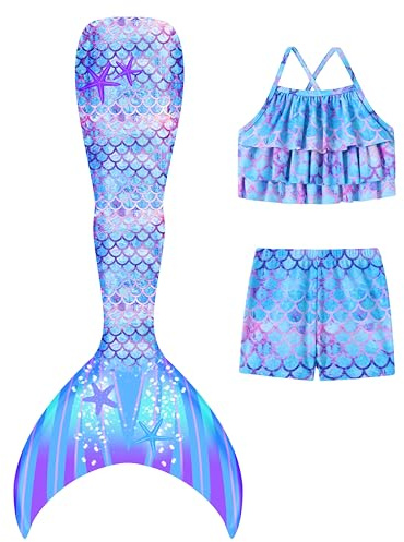 Dtiaagto 3-teiliger Mädchen Badeanzug Sommer-Bikini-Tankini-Set Meerjungfrau Badeanzug Mädchen 128
