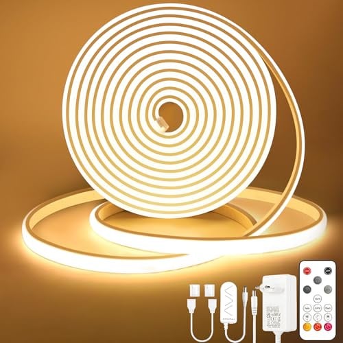 Lamomo COB LED Streifen 10m,Warmweiss Dimmbar Neon Leiste mit Fernbedienung | Wasserdicht 3000K Strip, Schnellverbindern, Selbstklebend 10mm Breit, Silikon Flexibel für Schlafzimmer Küche Deko, CRI90+