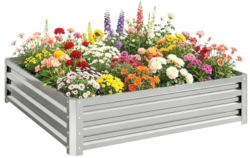 Outsunny 432L Raised Garden Bed, 120 x 120 x 30cm, Silver Tone | Square Galvanised Outdoor Planter Box, Open Bottom, Metal Raised Garden Bed Kit, for Vegetables, Flowers and Herbs